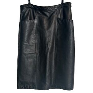 Vintage Yessica Black Leather Midi Skirt EU 42 | Pockets, Zip, US‎ 10